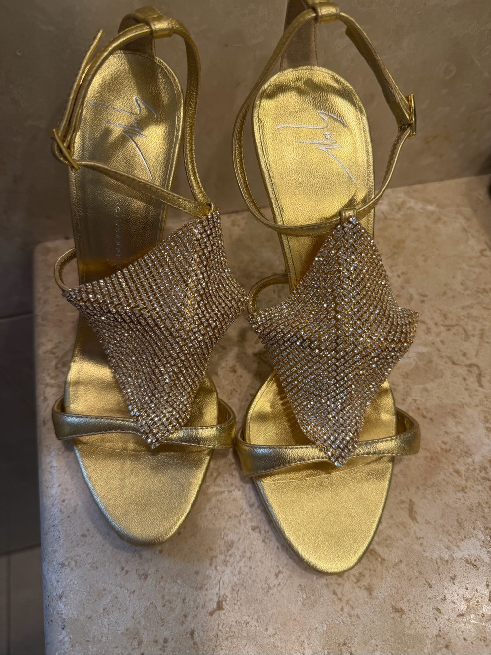(Never worn ) Giuseppe Zanotti Gold Crystal Mesh Ankle-Strap Heels. W